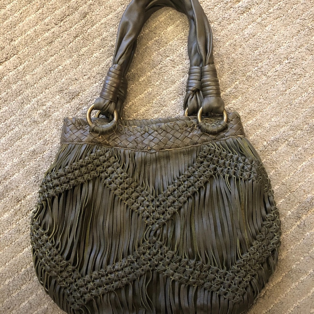 Zara Army Green Weaved Leather Shoulder Bag